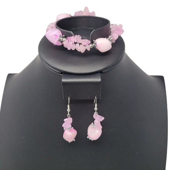 Natural Gem 2pc Set Pink Quartz Drop Earrings Pierced Bracelet Love Healing Gift - Picture 1 of 16